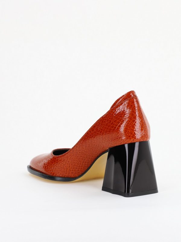 Pantofi cu Toc Gros Piele Ecologica Texturată Varf Rotund culoare Maro lucios(BS6122AY2401555) 125