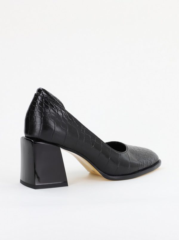 Pantofi cu Toc Gros Piele Ecologica Texturată Varf Rotund culoare Negru (BS612CAY2401559) 124