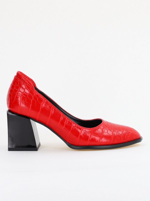 Pantofi cu Toc Gros Piele Ecologica Texturată Varf Rotund culoare Rosu (BS612CAY2401563) 122