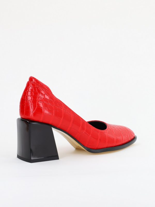 Pantofi cu Toc Gros Piele Ecologica Texturată Varf Rotund culoare Rosu (BS612CAY2401563) 124