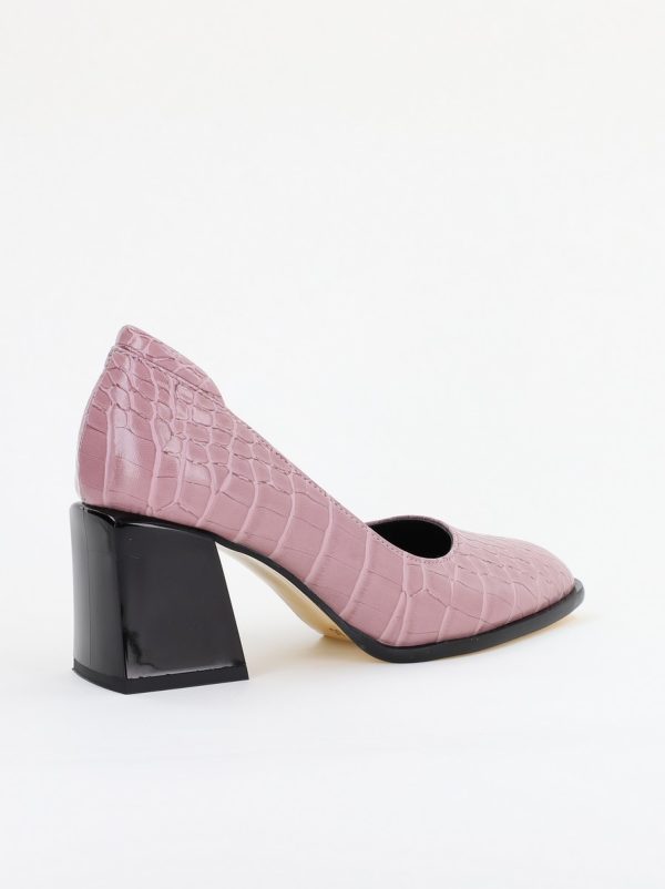 Pantofi cu Toc Gros Piele Ecologica Texturată Varf Rotund culoare Roz (BS612CAY2401560) 124