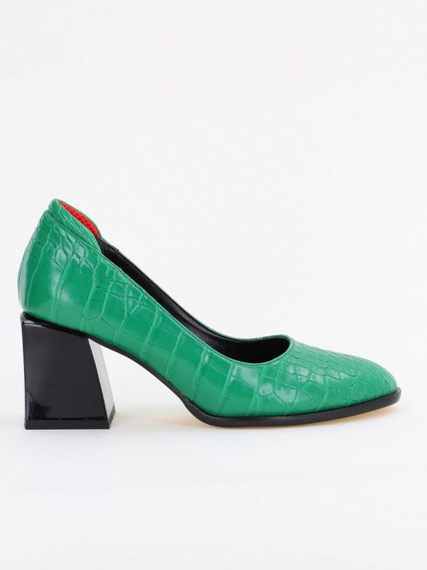 Pantofi cu Toc Gros Piele Ecologica Texturată Varf Rotund culoare Verde (BS612CAY2401561) 120