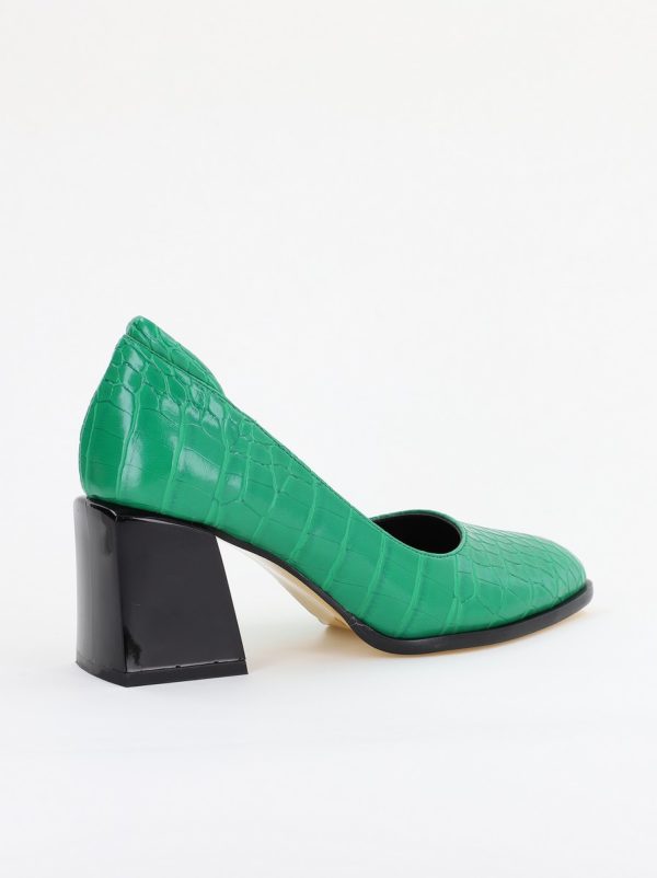 Pantofi cu Toc Gros Piele Ecologica Texturată Varf Rotund culoare Verde (BS612CAY2401561) 124