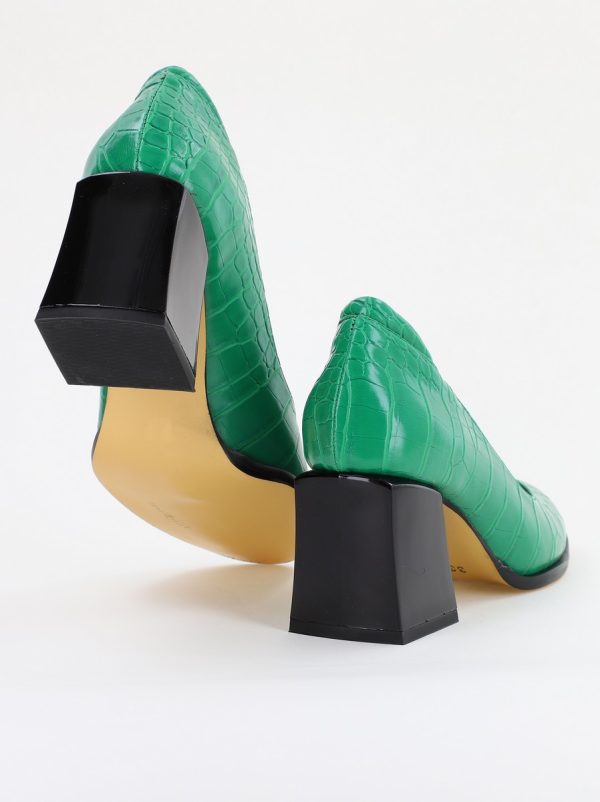 Pantofi cu Toc Gros Piele Ecologica Texturată Varf Rotund culoare Verde (BS612CAY2401561) 126