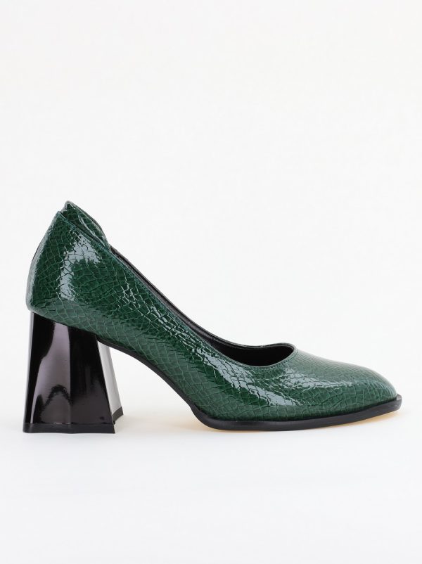 Pantofi cu Toc Gros Piele Ecologica Texturată Varf Rotund culoare Verde lucios(BS6122AY2401554) 119