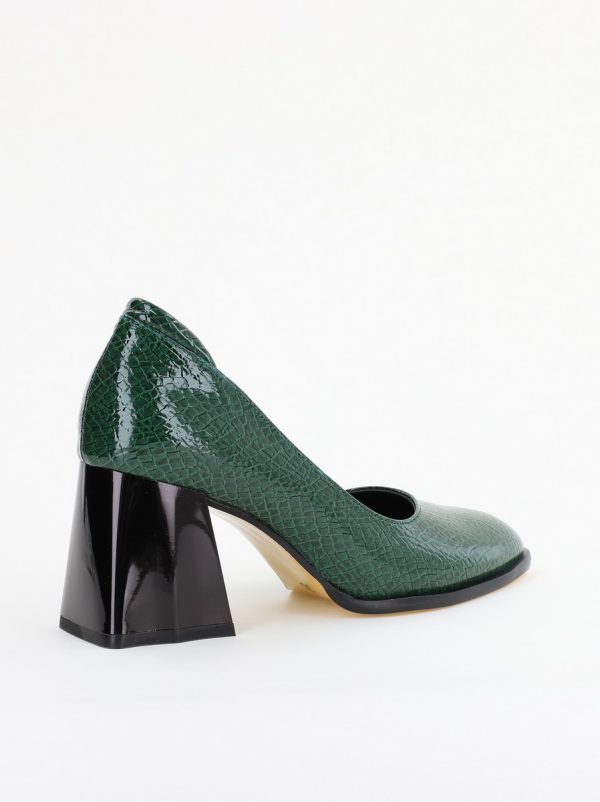 Pantofi cu Toc Gros Piele Ecologica Texturată Varf Rotund culoare Verde lucios(BS6122AY2401554) 121