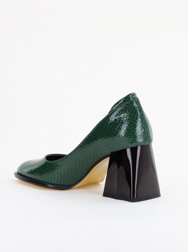 Pantofi cu Toc Gros Piele Ecologica Texturată Varf Rotund culoare Verde lucios(BS6122AY2401554) 122