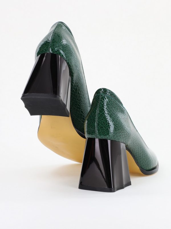 Pantofi cu Toc Gros Piele Ecologica Texturată Varf Rotund culoare Verde lucios(BS6122AY2401554) 123