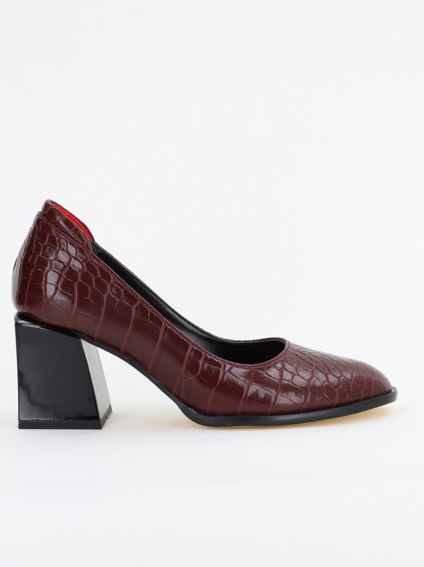 Pantofi cu Toc Gros Piele Ecologica Texturată Varf Rotund culoare Vișiniu(BS612CAY2401564) 122