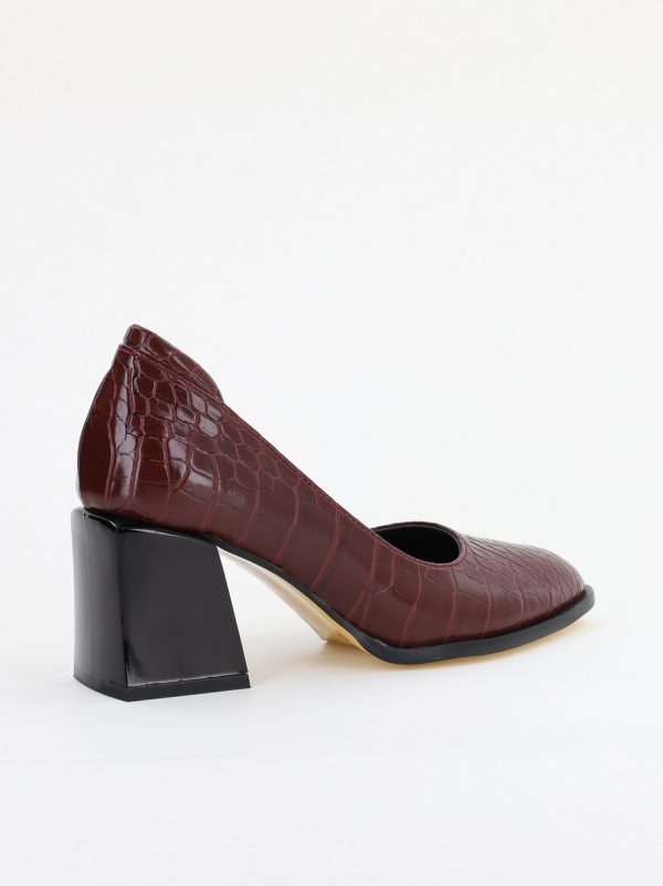 Pantofi cu Toc Gros Piele Ecologica Texturată Varf Rotund culoare Vișiniu(BS612CAY2401564) 124