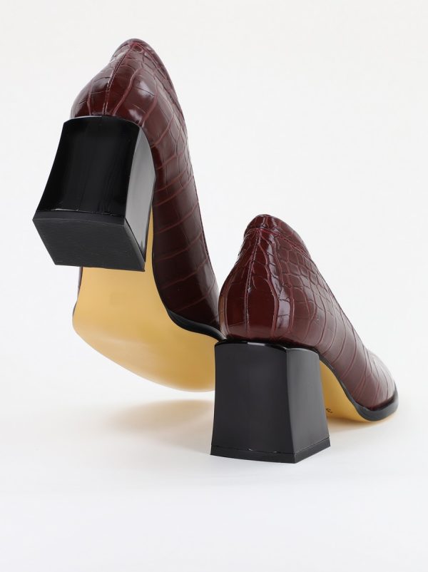 Pantofi cu Toc Gros Piele Ecologica Texturată Varf Rotund culoare Vișiniu(BS612CAY2401564) 126