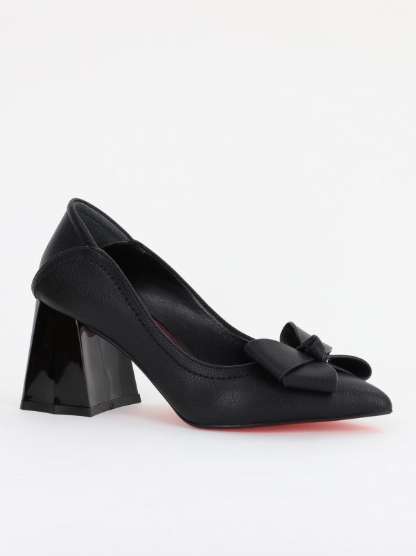 Noutăți - Pantofi Damă cu Toc din Piele Ecologică cu fundiță negru mat (BS2000D2401589)