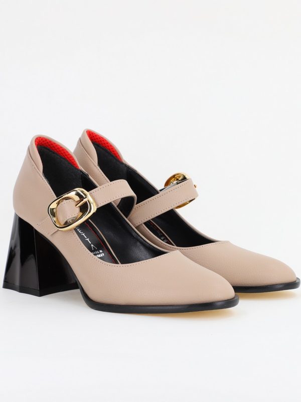 Pantofi Dama cu Toc Gros din Piele Ecologica Nud (BS683AY2401573) 119