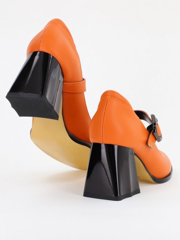 Pantofi Dama cu Toc Gros din Piele Ecologica Portocaliu(BS683AY2401574) 123
