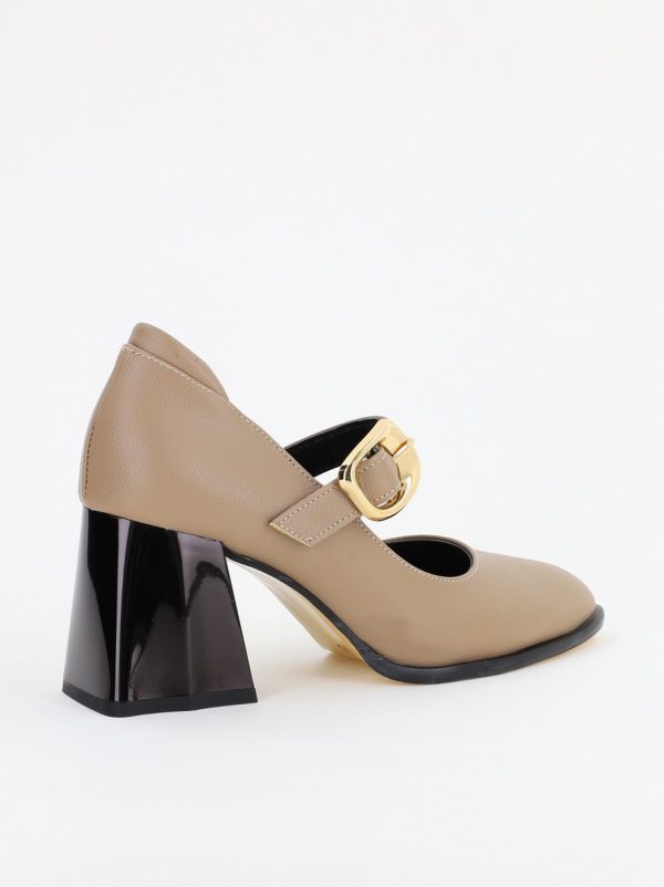 Pantofi Dama cu Toc Gros din Piele Ecologica Taupe(BS683AY2401577) 121