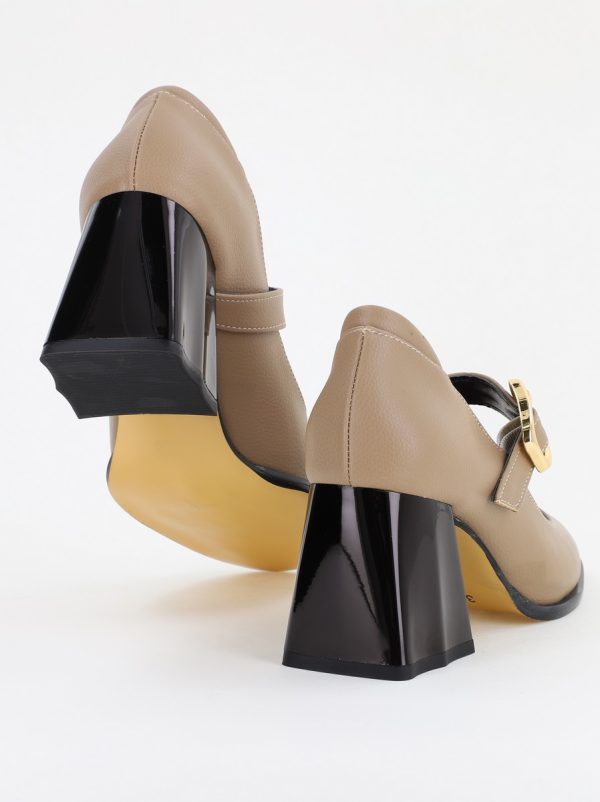 Pantofi Dama cu Toc Gros din Piele Ecologica Taupe(BS683AY2401577) 123