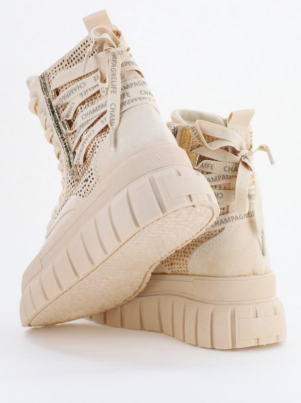 Pantofi damă sport casual înalti piele ecologică cu siret și fermoar Bej/Auriu (BS337EV2401676) 120