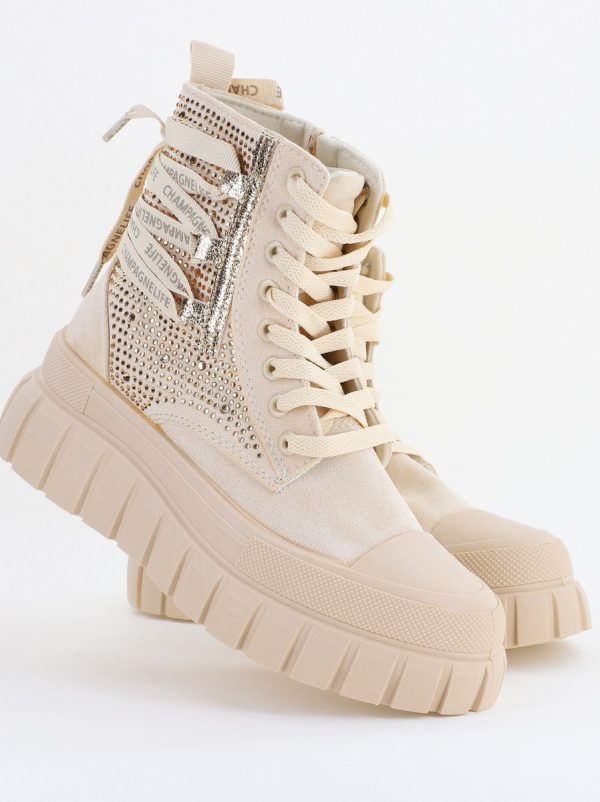 Pantofi damă sport casual înalti piele ecologică cu siret și fermoar Bej/Auriu (BS337EV2401676) 122