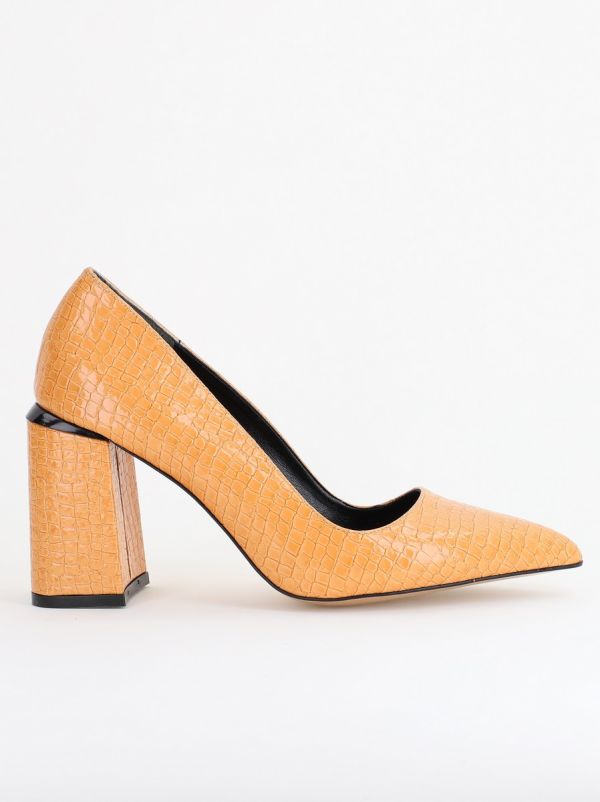 Pantofi Damă cu Toc Gros din Piele Ecologică texturată Maro camel BS02AY2402738 122