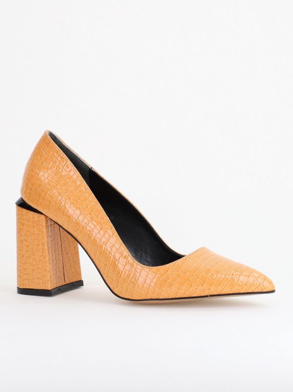 Incaltaminte Dama - Pantofi Damă cu Toc Gros din Piele Ecologică texturată Maro camel BS02AY2402738