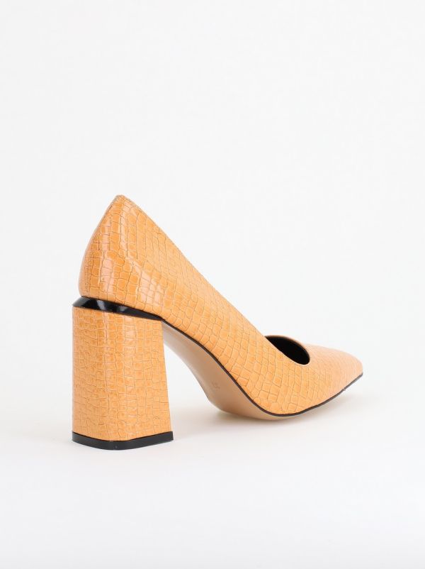 Pantofi Damă cu Toc Gros din Piele Ecologică texturată Maro camel BS02AY2402738 124
