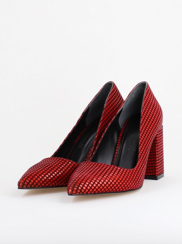 Pantofi Damă cu Toc Gros din Piele Ecologică texturată Roșu punctat BS02AY2402740 122