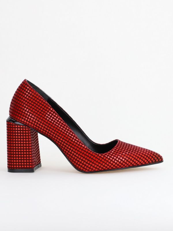 Pantofi Damă cu Toc Gros din Piele Ecologică texturată Roșu punctat BS02AY2402740 123