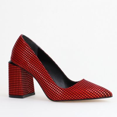 Pantofi Damă cu Toc Gros din Piele Ecologică texturată Roșu punctat BS02AY2402740