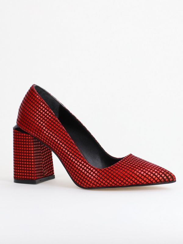 Pantofi Eleganti Dama - Pantofi Damă cu Toc Gros din Piele Ecologică texturată Roșu punctat BS02AY2402740