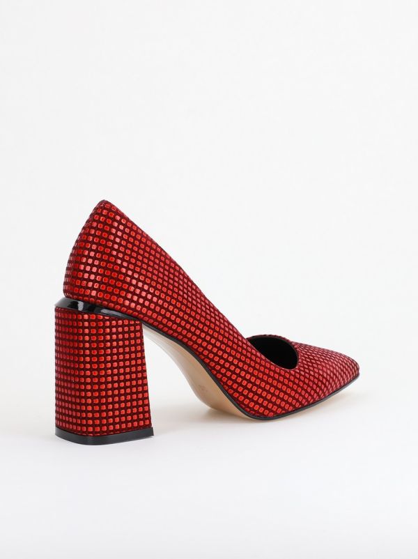Pantofi Damă cu Toc Gros din Piele Ecologică texturată Roșu punctat BS02AY2402740 125