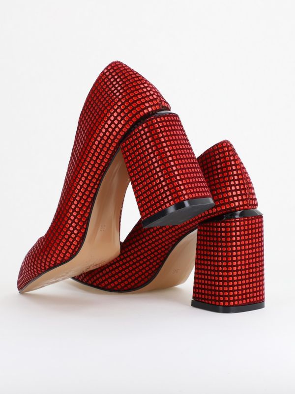 Pantofi Damă cu Toc Gros din Piele Ecologică texturată Roșu punctat BS02AY2402740 120