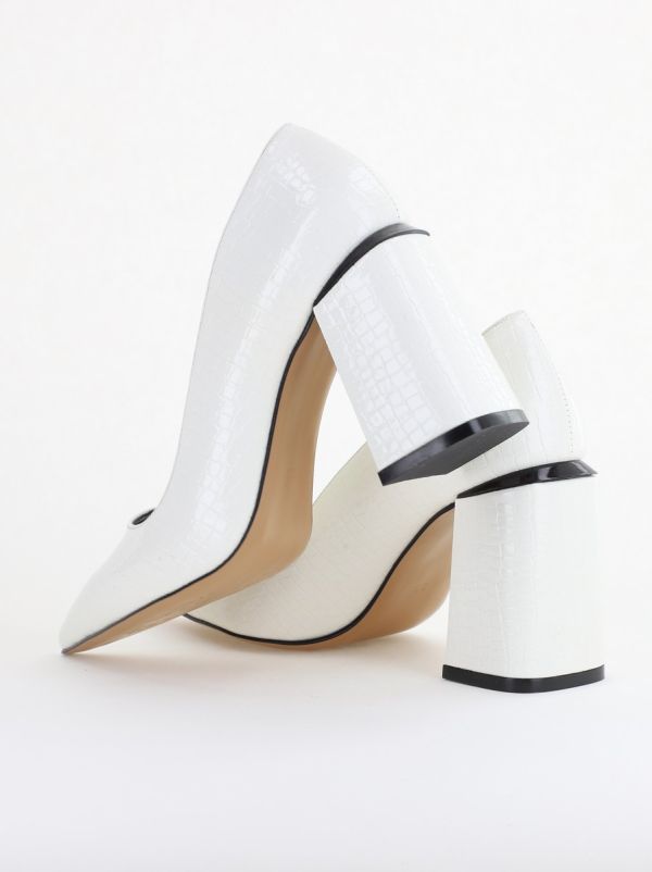 Pantofi Damă cu Toc Gros din Piele Ecologică texturată Alb BS02AY2402742 120