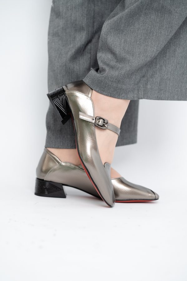 Pantofi Casual Damă cu Toc Jos din Piele Ecologică culoare Platina BS504D2410007 119