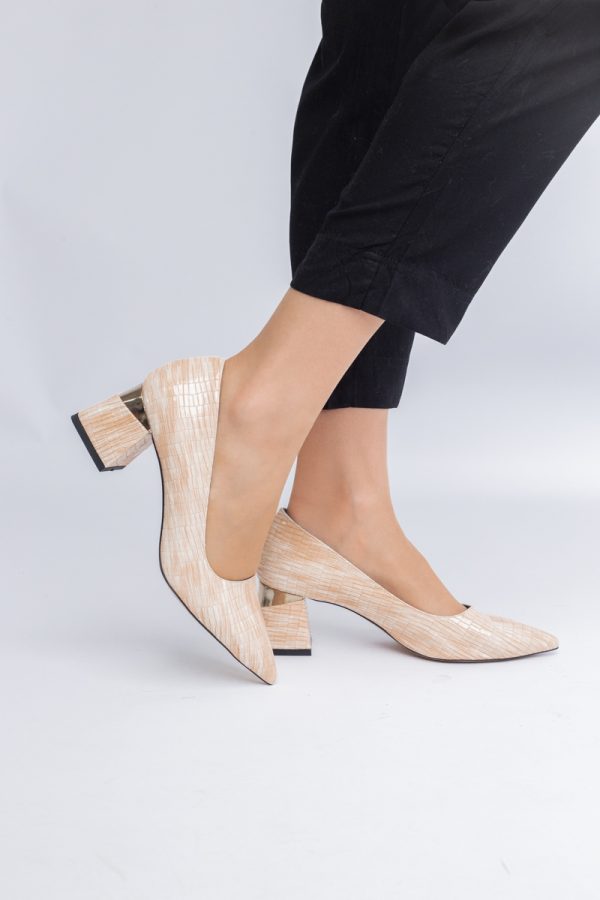 Pantofi Damă cu Toc Gros din Piele Ecologică texturată bej (BS51AY2402713) 119