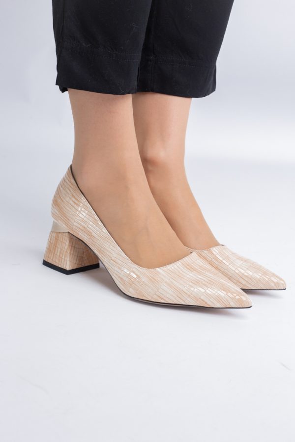 Pantofi Damă cu Toc Gros din Piele Ecologică texturată bej (BS51AY2402713) 121