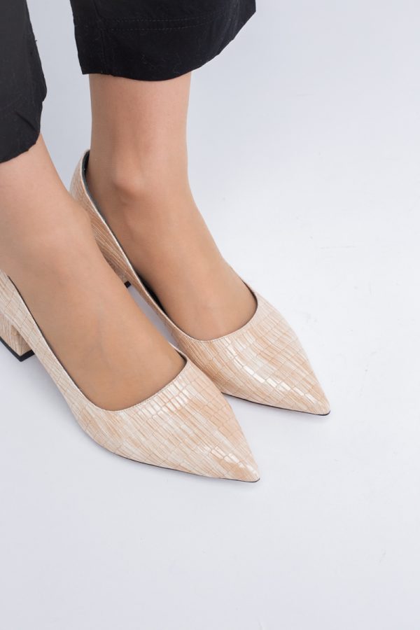 Pantofi Damă cu Toc Gros din Piele Ecologică texturată bej (BS51AY2402713) 123