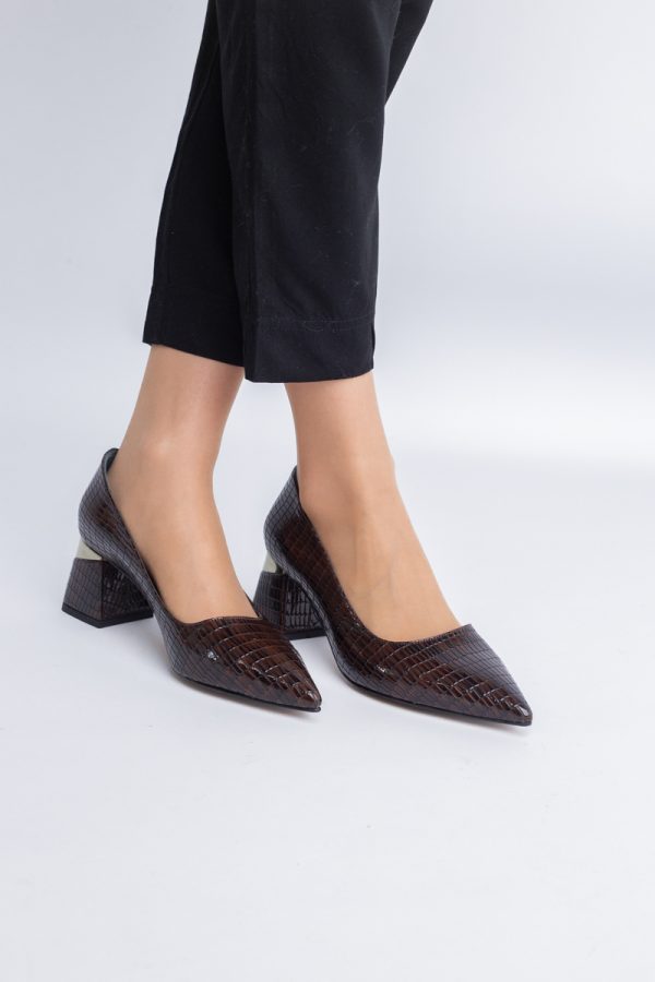 Pantofi Damă cu Toc Gros din Piele Ecologică texturată Cafeniu (BS51AY2402705) 121
