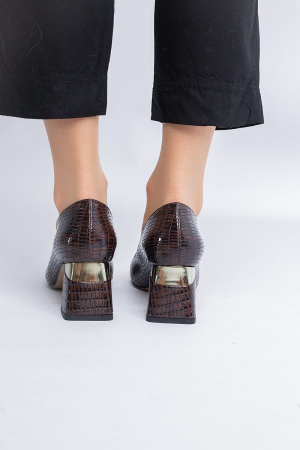 Pantofi Damă cu Toc Gros din Piele Ecologică texturată Cafeniu (BS51AY2402705) 123