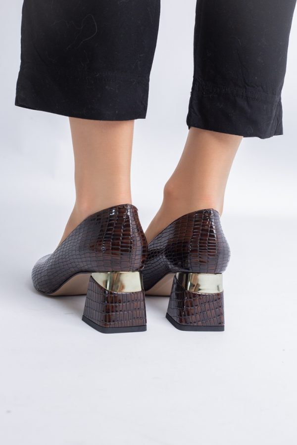 Pantofi Damă cu Toc Gros din Piele Ecologică texturată Cafeniu (BS51AY2402705) 125