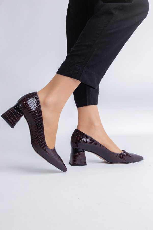 Pantofi Damă cu Toc Gros din Piele Ecologică texturată Vișiniu (BS51AY2402704) 119