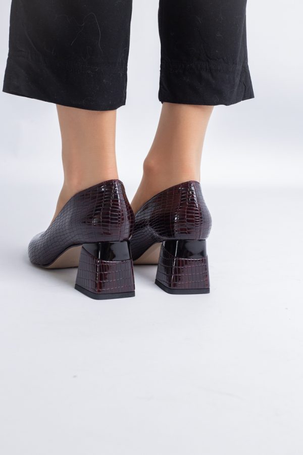 Pantofi Damă cu Toc Gros din Piele Ecologică texturată Vișiniu (BS51AY2402704) 121