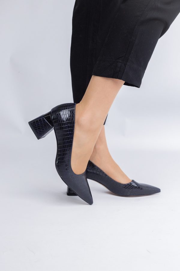 Pantofi Damă cu Toc Gros din Piele Ecologică texturată Bleumarin (BS51AY2402709) 119