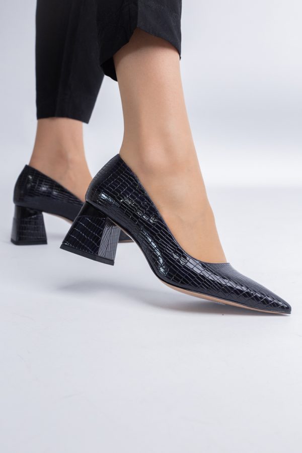 Pantofi Damă cu Toc Gros din Piele Ecologică texturată Bleumarin (BS51AY2402709) 121