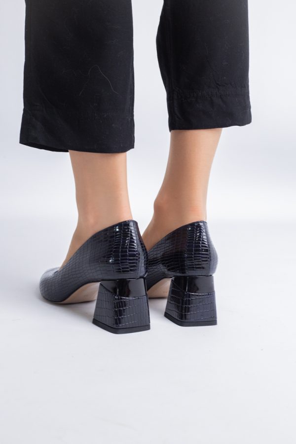 Pantofi Damă cu Toc Gros din Piele Ecologică texturată Bleumarin (BS51AY2402709) 123