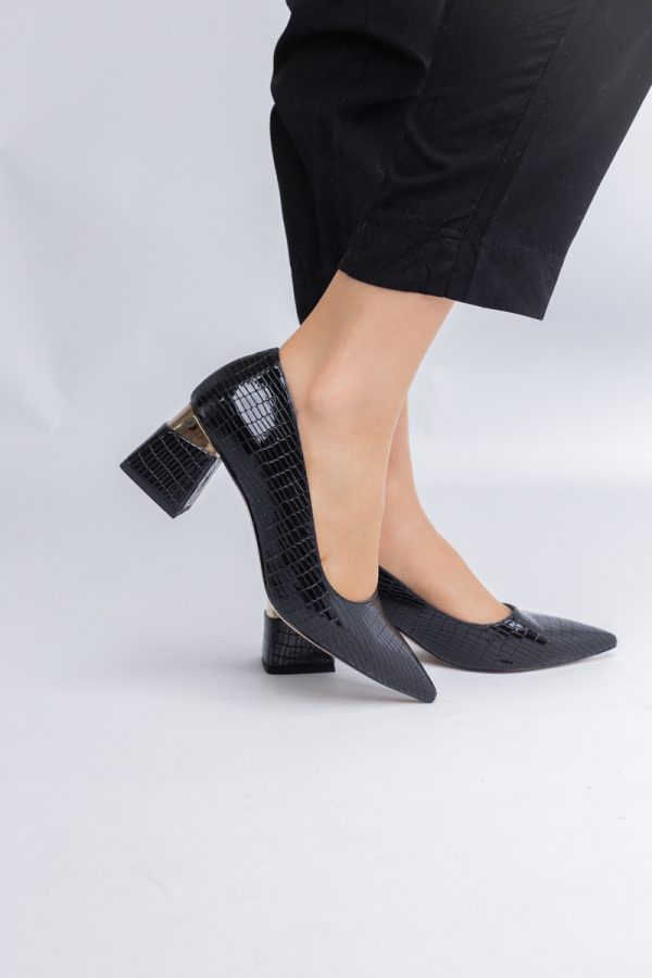 Pantofi Damă cu Toc Gros din Piele Ecologică texturată Negru(BS51AY2402708) 119