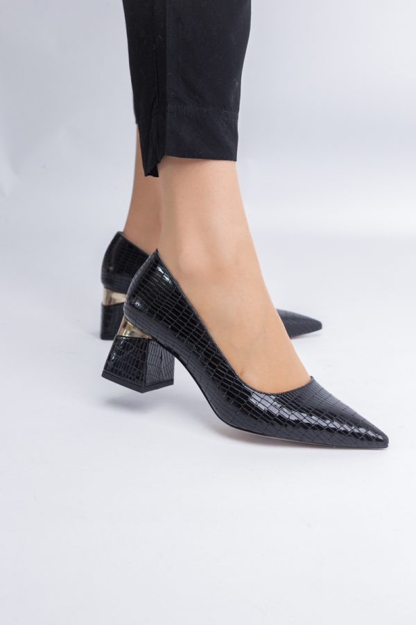 Pantofi Damă cu Toc Gros din Piele Ecologică texturată Negru(BS51AY2402708) 121