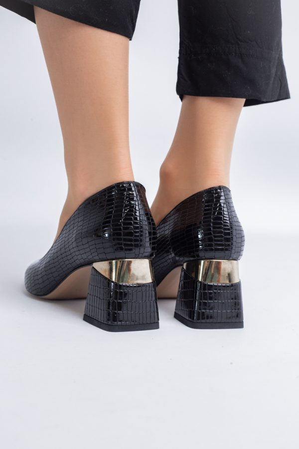Pantofi Damă cu Toc Gros din Piele Ecologică texturată Negru(BS51AY2402708) 123