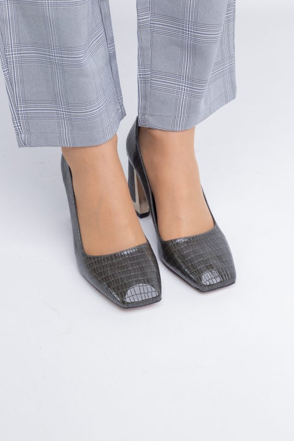 Pantofi Damă cu Toc Gros din Piele Ecologică texturată kaki BS20AY2402729 123