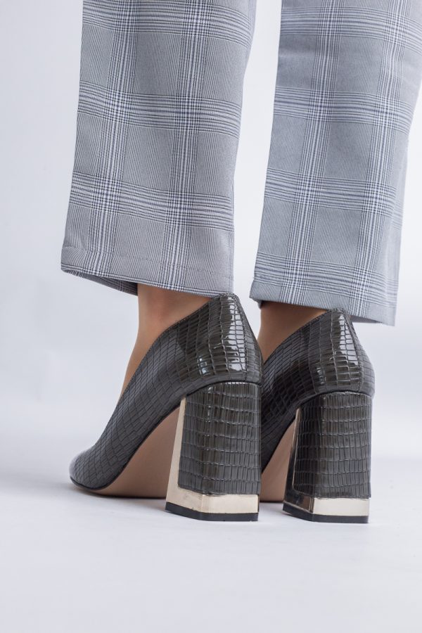 Pantofi Damă cu Toc Gros din Piele Ecologică texturată kaki BS20AY2402729 121