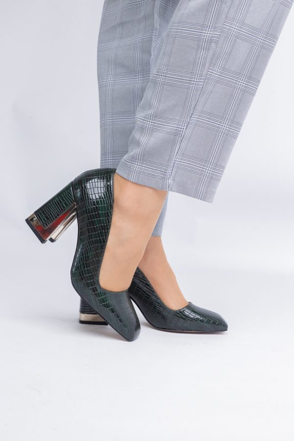 Pantofi Damă cu Toc Gros din Piele Ecologică texturată verde petrol BS20AY2402731 119